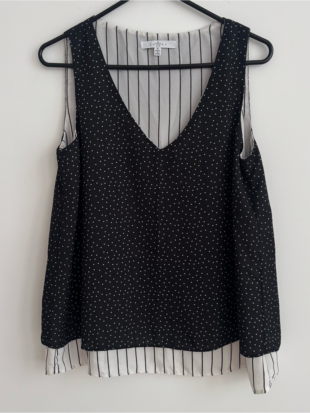 FEVER brand double layered Black Polka Dot stripe V-Neck Shell Top